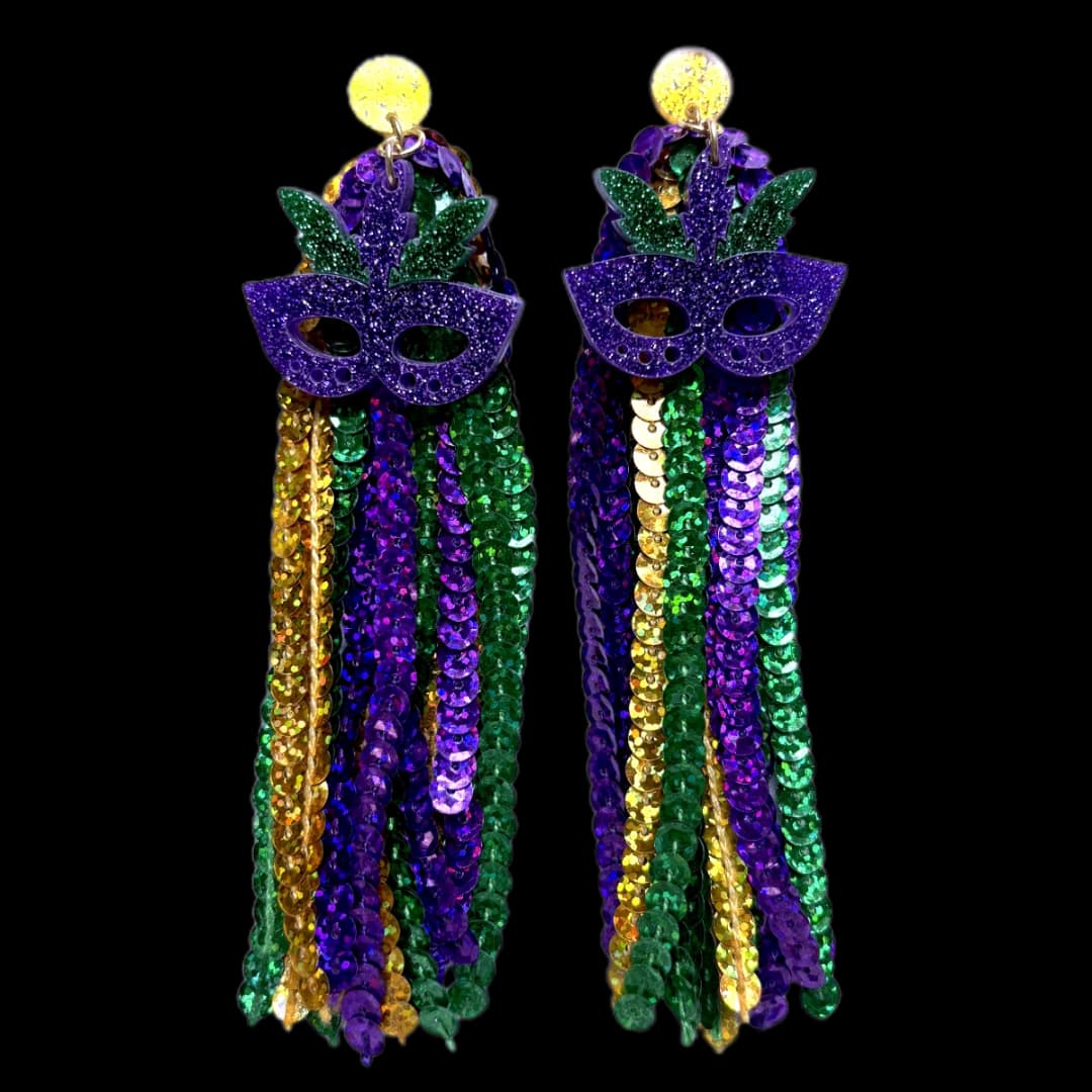 Brinco Máscara Carnavalesca Com Franjas De Paetês Multicoloridas