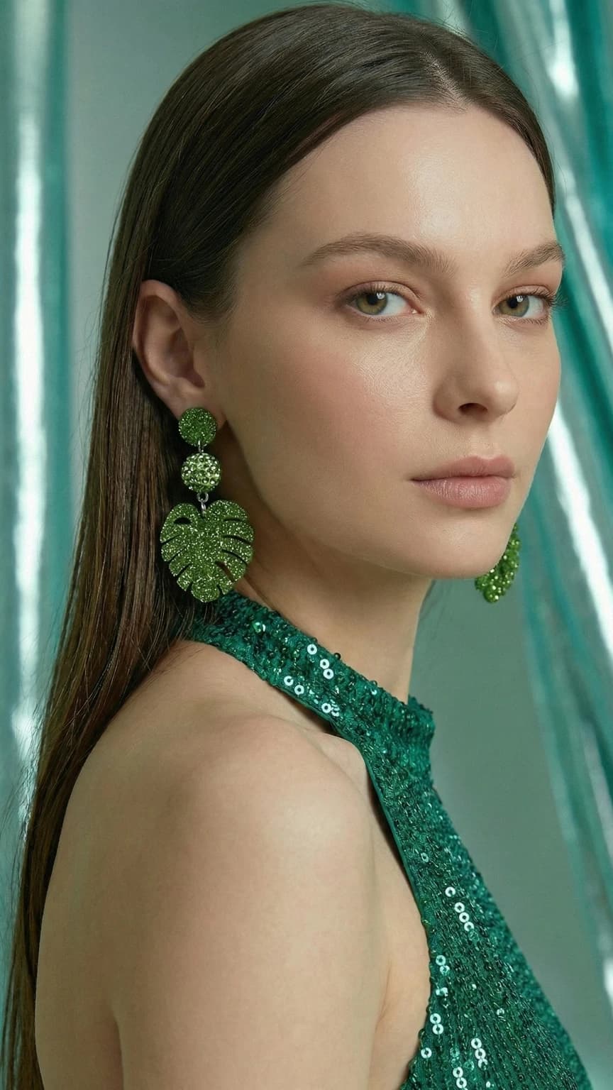 Brinco Folha Tropical Verde Glitter