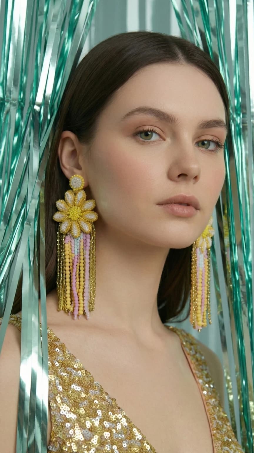 Brinco Flor Amarela Bordada Com Franjas De Paetês