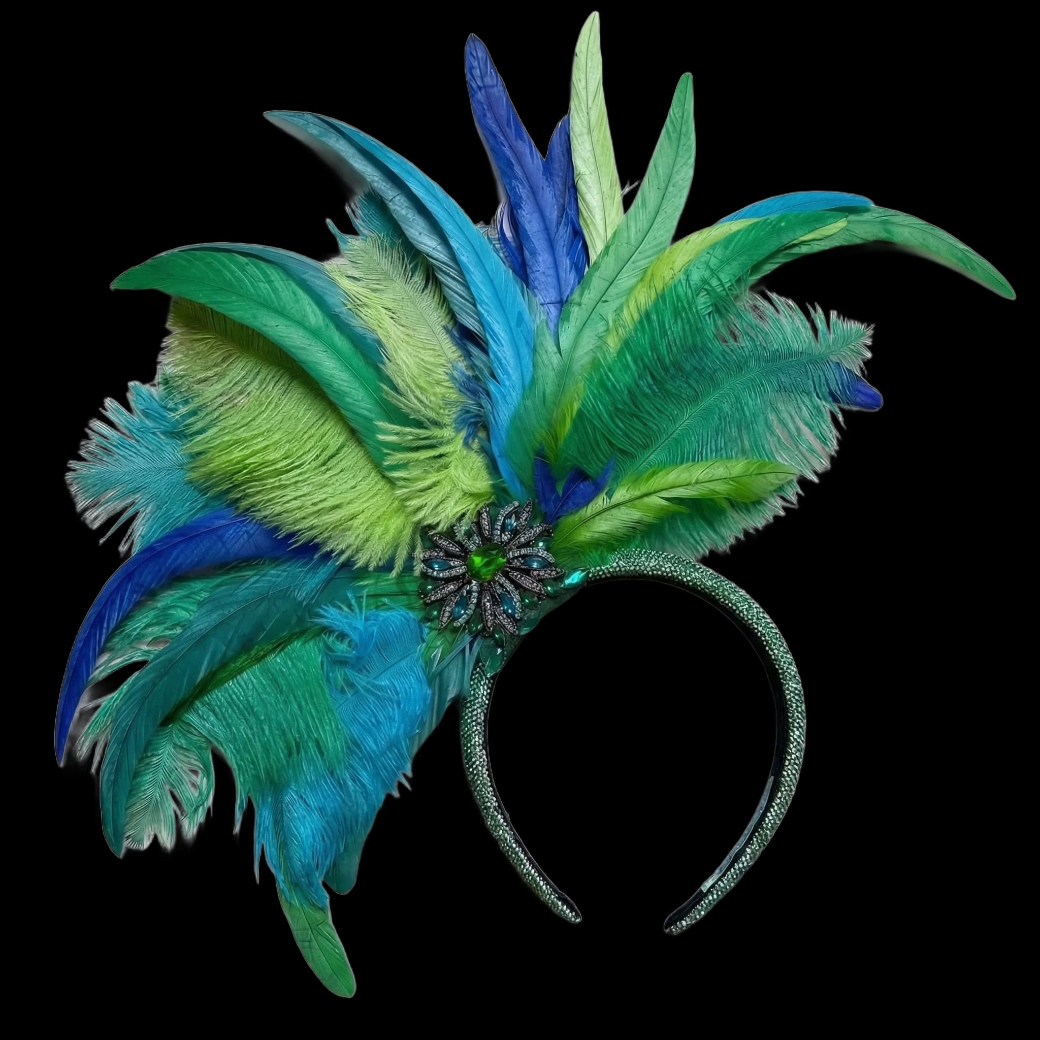 Arco Oceano Luxo Com Plumas Azul E Verde E Broche De Cristais